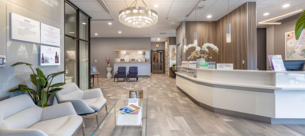 Modern Botox Clinic Lobby with Stylish Seating and Brochures, Ideal for Design, Print, Poster Use