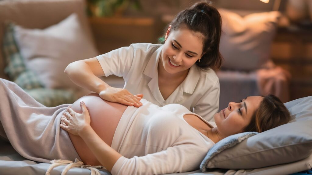 shot-beautiful-young-physiotherapist-woman-massaging-tummy-pregnant-woman-stretcher-h (1)