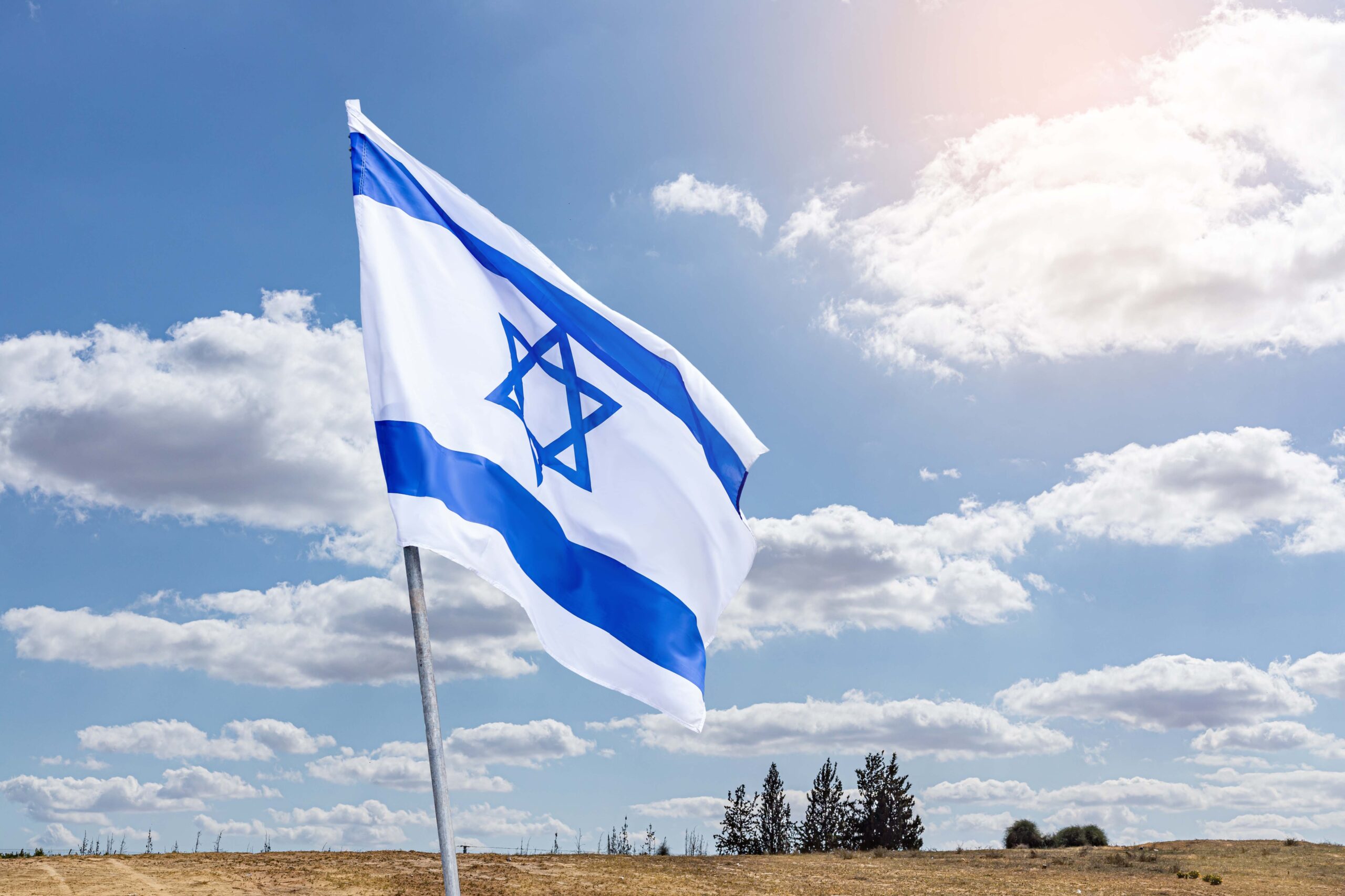 The flag of Israel on a field and a cloudy sky background. Patri