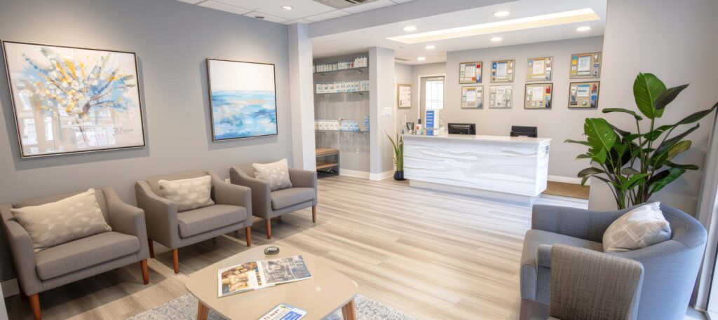Modern Botox Clinic with Inviting Lobby, Comfortable Seating, and Informational Brochures for Patients